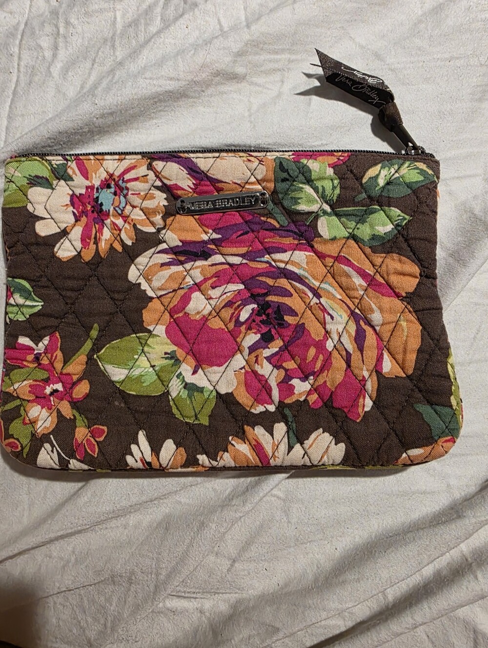 Vera Bradley Brown Floral Quilted Cosmetic Pouch with Pink & Orange Blooms